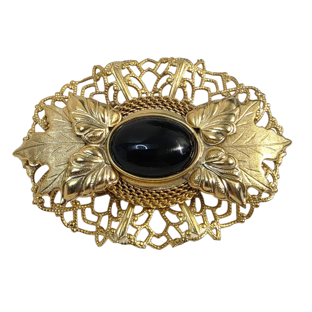Vintage Black Glass Cabochon Gold‎ Tone Filigree Leaves Motif Victorian Brooch